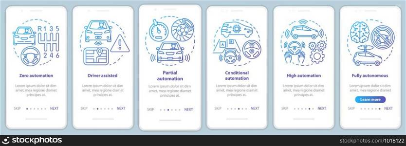 Driverless car stages onboarding mobile app page screen with linear concepts. Vehicle development walkthrough steps graphic instructions. UX, UI, GUI vector template with illustrations