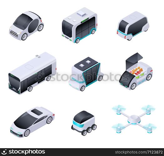 Driverless cars. Future smart vehicles. Unmanned city transport, autonomous truck and drone. Isometric vector isolated icons. Illustration of automobile intelligent, smart auto and transport vehicle. Driverless cars. Future smart vehicles. Unmanned city transport, autonomous truck and drone. Isometric vector isolated icons