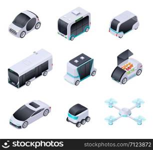 Driverless cars. Future smart vehicles. Unmanned city transport, autonomous truck and drone. Isometric vector isolated icons. Illustration of automobile intelligent, smart auto and transport vehicle. Driverless cars. Future smart vehicles. Unmanned city transport, autonomous truck and drone. Isometric vector isolated icons