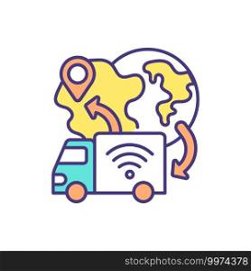 Driverless delivery service RGB color icon. Self-driving box trucks. Delivering customer online orders. Goods transportation. Autonomous delivery vehicles. Isolated vector illustration. Driverless delivery service RGB color icon