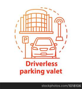 Driverless parking valet concept icon. Smart parking technology. City car-park. Stand for robotic vehicles idea thin line illustration. Vector isolated outline drawing. Editable stroke