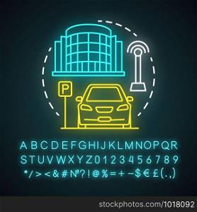 Driverless parking valet neon light concept icon. Smart parking technology. City car-park. Stand for robotic vehicle idea. Glowing sign with alphabet, numbers and symbols. Vector isolated illustration