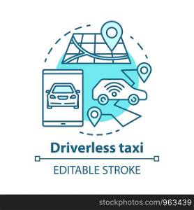 Driverless taxi concept icon. Robo-Cab. Navigation in autonomous car. Rout for self-driving vehicle. Mobile taxi service idea thin line illustration. Vector isolated outline drawing. Editable stroke