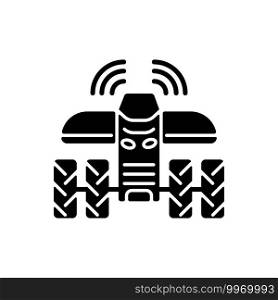Driverless tractors black glyph icon. Autonomous farm vehicle. Agricultural technology. Self-driving tractor. Silhouette symbol on white space. Vector isolated illustration. Driverless tractors black glyph icon