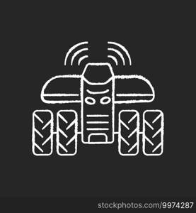 Driverless tractors chalk white icon on black background. Autonomous farm vehicle. Agricultural technology. Self-driving tractor. Isolated vector chalkboard illustration. Driverless tractors chalk white icon on black background