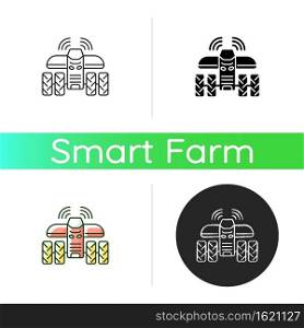 Driverless tractors icon. Autonomous farm vehicle. Agricultural technology. Self-driving tractor. Linear black and RGB color styles. Isolated vector illustrations. Driverless tractors icon
