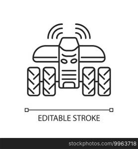 Driverless tractors linear icon. Autonomous farm vehicle. Agricultural technology. Self-driving. Thin line customizable illustration. Contour symbol. Vector isolated outline drawing. Editable stroke. Driverless tractors linear icon