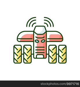 Driverless tractors RGB color icon. Autonomous farm vehicle. Agricultural technology. Self-driving tractor. Isolated vector illustration. Driverless tractors RGB color icon