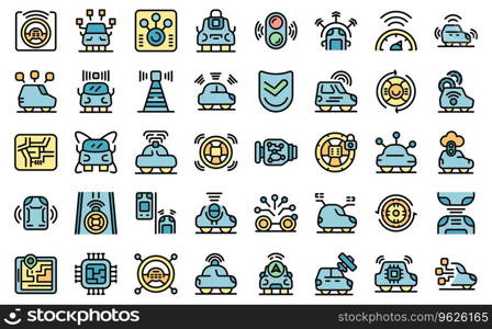 Driverless vehicle icons set outline vector. Car future. Drive self thin line color flat on white isolated. Driverless vehicle icons set vector line color