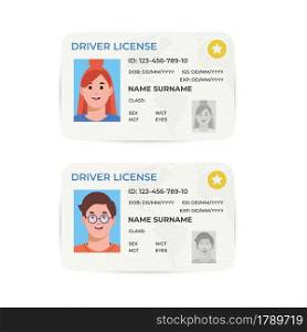 Drivers License. A plastic identity card. Vector flat illustration of the template. Identification document of a man and a woman.. Drivers License. A plastic identity card. Vector flat illustration of the template.