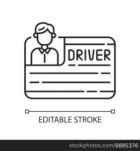 Drivers license linear icon. Official document permitting specific individual to operate vehicles. Thin line customizable illustration. Contour symbol. Vector isolated outline drawing. Editable stroke. Drivers license linear icon