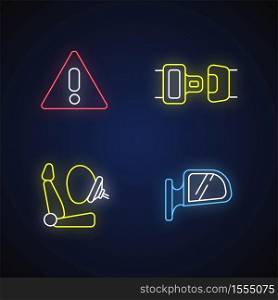 Drivers safety precautions neon light icons set. Safe driving signs with outer glowing effect. Warning sign, seatbelt, airbag and rear view mirror. Vector isolated RGB color illustrations. Drivers safety precautions neon light icons set