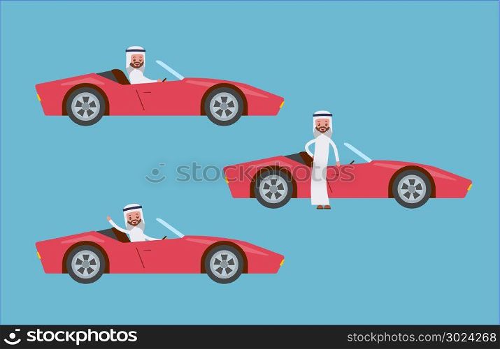 drives the car at the wheel. waving his hand in a suit and shirt. Arab saudi businessman. cartoon character set