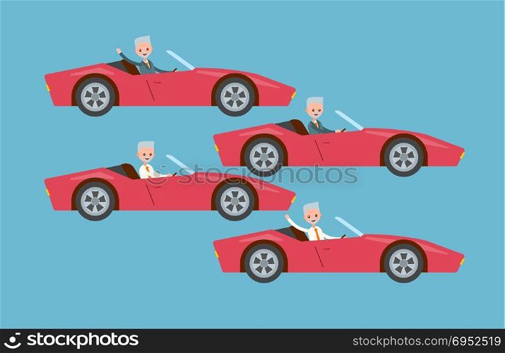 drives the car at the wheel. waving his hand in a suit and shirt. elderly businessman. cartoon character set