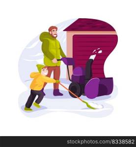 Driveway snow removal isolated cartoon vector illustration. Winter snow removal routine, father working with snowblower outdoor, family member cleaning driveway from snow vector cartoon.. Driveway snow removal isolated cartoon vector illustration.