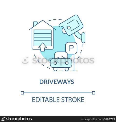 Driveways blue concept icon. Security alarm system abstract idea thin line illustration. Place camera above garage door. Parking surveillance. Vector isolated outline color drawing. Editable stroke. Driveways blue concept icon