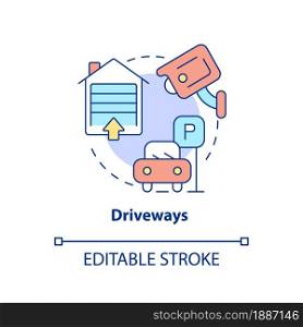 Driveways concept icon. Security alarm system abstract idea thin line illustration. Place camera above garage door. Parking surveillance. Vector isolated outline color drawing. Editable stroke. Driveways concept icon