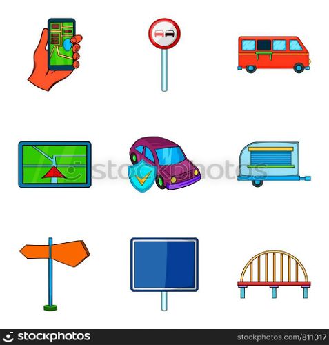 Driving away icons set. Cartoon set of 9 driving away vector icons for web isolated on white background. Driving away icons set, cartoon style