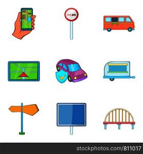 Driving away icons set. Cartoon set of 9 driving away vector icons for web isolated on white background. Driving away icons set, cartoon style