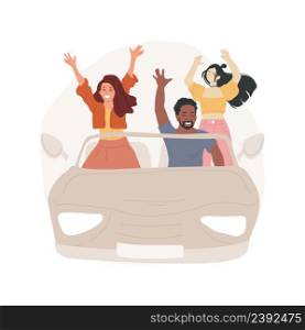 Driving cabriolet isolated cartoon vector illustration. Group of diverse teenagers having fun, leisure time, driving cabriolet, friends hanging out, racing, taking photos vector cartoon.. Driving cabriolet isolated cartoon vector illustration.