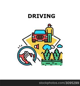 Driving Car Vector Icon Concept. Driver Driving Car For Resting Journey On Nature, Man Traveling On Vehicle Transport For Enjoying Countryside Landscape. Automobile Trip Color Illustration. Driving Car Vector Concept Color Illustration