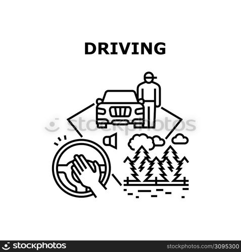 Driving Car Vector Icon Concept. Driver Driving Car For Resting Journey On Nature, Man Traveling On Vehicle Transport For Enjoying Countryside Landscape. Automobile Trip Black Illustration. Driving Car Vector Concept Black Illustration
