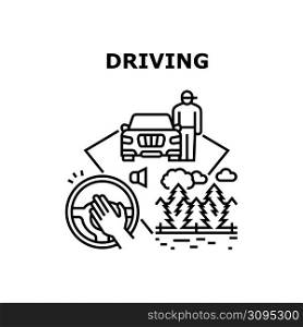 Driving Car Vector Icon Concept. Driver Driving Car For Resting Journey On Nature, Man Traveling On Vehicle Transport For Enjoying Countryside Landscape. Automobile Trip Black Illustration. Driving Car Vector Concept Black Illustration