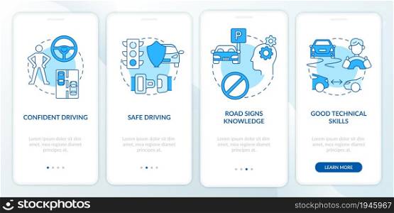 Driving course results blue onboarding mobile app page screen. Drivers license walkthrough 4 steps graphic instructions with concepts. UI, UX, GUI vector template with linear color illustrations. Driving course results blue onboarding mobile app page screen
