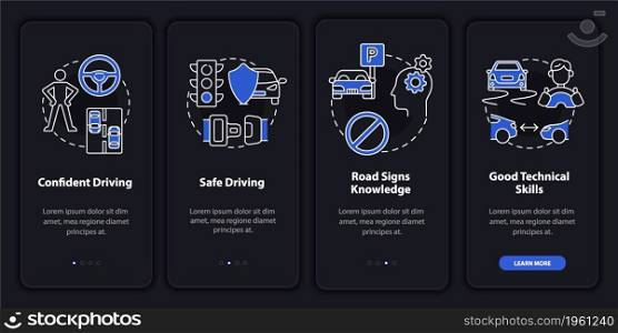 Driving course results dark onboarding mobile app page screen. Walkthrough 4 steps graphic instructions with concepts. UI, UX, GUI vector template with linear night mode illustrations. Driving course results dark onboarding mobile app page screen