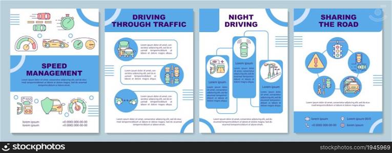 Driving courses types brochure template. Drivers education. Flyer, booklet, leaflet print, cover design with linear icons. Vector layouts for presentation, annual reports, advertisement pages. Driving courses types brochure template