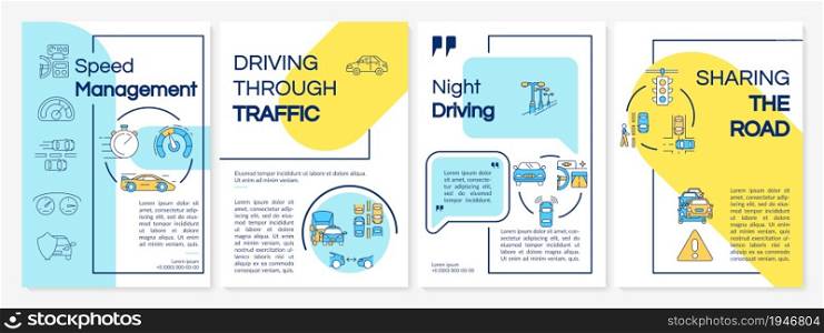 Driving courses types yellow and blue brochure template. Flyer, booklet, leaflet print, cover design with linear icons. Vector layouts for presentation, annual reports, advertisement pages. Driving courses types yellow and blue brochure template