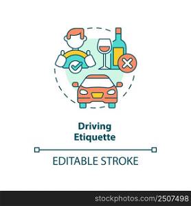 Driving etiquette concept icon. Rules and ethical code. Type of etiquette abstract idea thin line illustration. Isolated outline drawing. Editable stroke. Arial, Myriad Pro-Bold fonts used. Driving etiquette concept icon