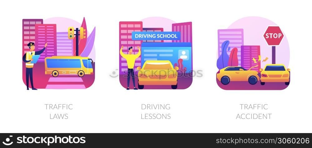 Driving license abstract concept vector illustration set. Traffic laws, driving lessons, traffic accident, road safety, violation fine, certified instructor, car crash investigation abstract metaphor.. Driving license abstract concept vector illustrations.