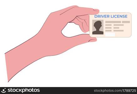 Driving license in hand. Plastic card for personal identification. Vector illustration.. Driving license in hand. Plastic card for personal identification. Vector illustration