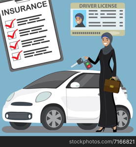 Driving license with arabic woman photo,insurance document,muslim woman with car key and modern white car,flat vector illuatration. muslim woman with car key and modern white car