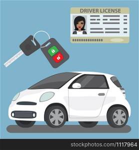 Driving license with woman photo,car key and modern white car,flat vector illuatration. Driving license with woman photo,car key and modern white car