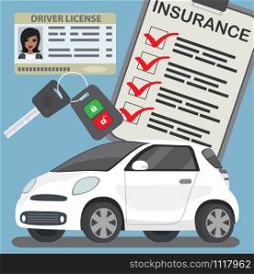 Driving license with woman photo,insurance,car key and modern white car,flat vector illuatration. Driving license with woman photo,insurance,car key and modern wh