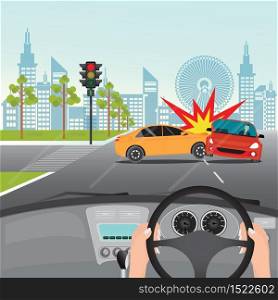 Driving on the highway and unexpected event of car accidents on the road, Failure to respect traffic rules, conceptual Vector Illustration.