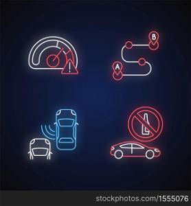 Driving risks neon light icons set. Traffic dangers signs with outer glowing effect. Speed limit, blind spot, route planning, and drunk driving. Vector isolated RGB color illustrations. Driving risks neon light icons set