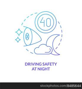 Driving safety at night blue gradient concept icon. Move slowly. Situational driving safety abstract idea thin line illustration. Isolated outline drawing. Myriad Pro-Bold font used. Driving safety at night blue gradient concept icon