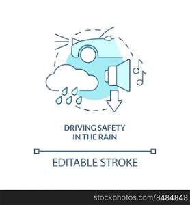 Driving safety in rain turquoise concept icon. Situational driving safety abstract idea thin line illustration. Isolated outline drawing. Editable stroke. Arial, Myriad Pro-Bold fonts used. Driving safety in rain turquoise concept icon
