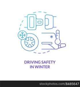 Driving safety in winter blue gradient concept icon. Fasten seat belt. Situational driving safety abstract idea thin line illustration. Isolated outline drawing. Myriad Pro-Bold font used. Driving safety in winter blue gradient concept icon