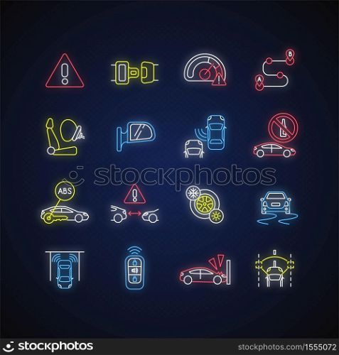 Driving safety neon light icons set. Car accident prevention, traffic rules and regulation laws signs with outer glowing effect. Advice and tips for drivers. Vector isolated RGB color illustrations. Driving safety neon light icons set