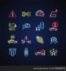 Driving safety neon light icons set. Car accident prevention, traffic rules and regulation laws signs with outer glowing effect. Advice and tips for drivers. Vector isolated RGB color illustrations. Driving safety neon light icons set