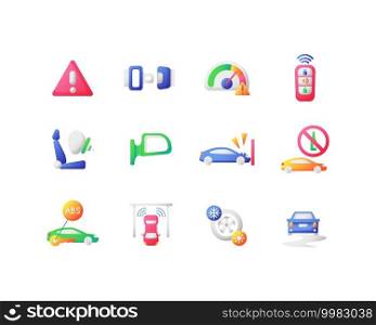 Driving safety vector flat color icon set. Traffic regulation sign. Seatbealt for security. Speed limit. Automobile system. Cartoon style clip art for mobile app pack. Isolated RGB illustration bundle. Driving safety vector flat color icon set