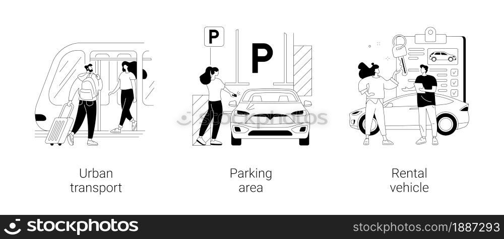 Driving school abstract concept vector illustration set. Driving lessons and instruction, driving license, passing test, ID card, international permit, exam preparation, certificate abstract metaphor.. Driving school abstract concept vector illustrations.