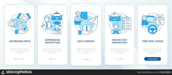 Driving school benefits blue onboarding mobile app page screen. Advantages walkthrough 5 steps graphic instructions with concepts. UI, UX, GUI vector template with linear color illustrations. Driving school benefits blue onboarding mobile app page screen