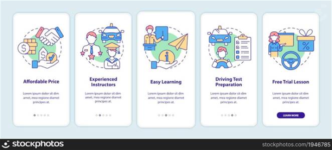 Driving school benefits onboarding mobile app page screen. Advantages walkthrough 5 steps graphic instructions with concepts. UI, UX, GUI vector template with linear color illustrations. Driving school benefits onboarding mobile app page screen