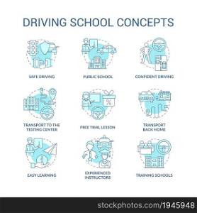 Driving school blue concept icons set. Car riding education idea thin line color illustrations. Learning road signs and rules. Drivers license. Vector isolated outline drawings. Editable stroke. Driving school blue concept icons set