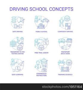 Driving school blue gradient concept icons set. Car riding education idea thin line color illustrations. Learning road signs and rules. Drivers license. Vector isolated outline drawings. Driving school blue gradient concept icons set